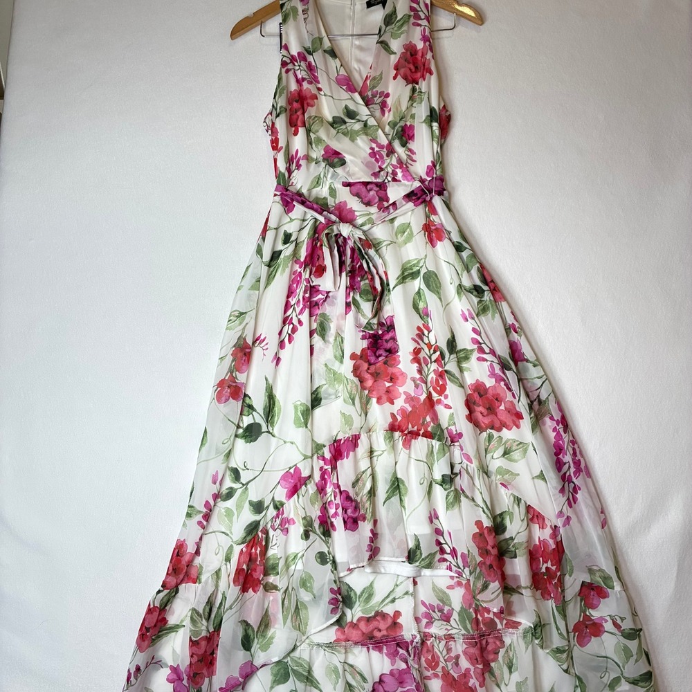 Ryan Michelle Dress Women M White Floral High Low Ruffle Sleeveless
